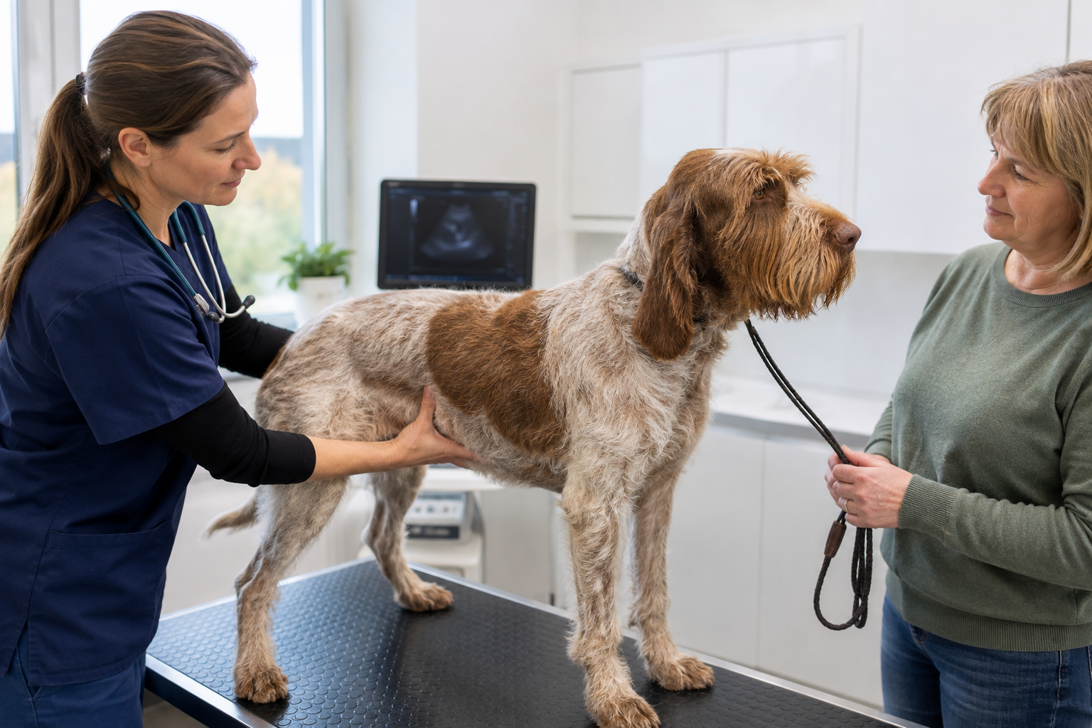 Veterinář šetrně vyšetřuje břicho italského spinone